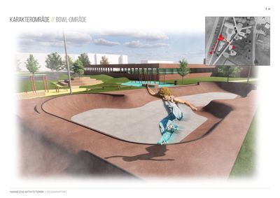 3D-visualisering av et skatepark (bowl-område) med en skateboarder i forgrunnen og en bygning i bakgrunnen.