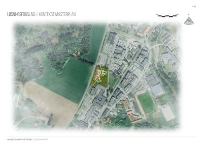 En situasjonsplan (masterplan) som viser et område med eksisterende bygninger, veier, vann og planlagte inngrep sett fra luften.