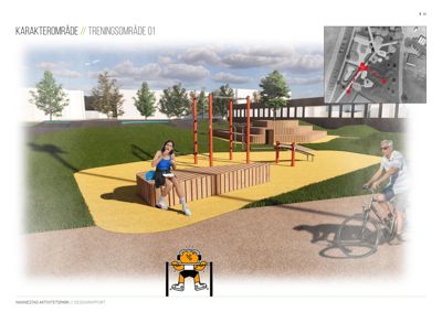 3D-visualisering av et utendørs treningsområde med mennesker og omgivelser