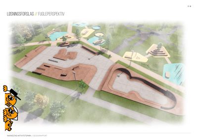 3D-visualisering (rendering) av et løsningsforslag for Nannestad Aktivitetspark sett fra fugleperspektiv.