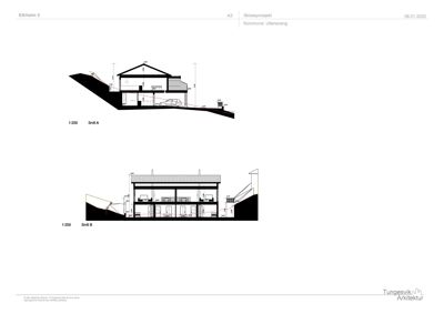 Bildet viser to snittegninger (Snitt A og Snitt B) av en bygning i et skrått terreng, med mål og konstruksjonsdetaljer.