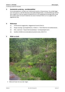 Fotografi av en tomt med skog og fjell i bakgrunnen, tatt fra øst mot vest.