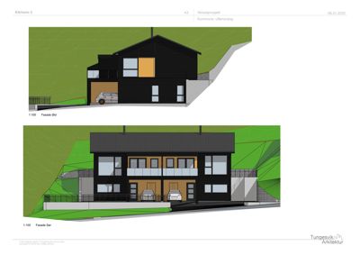 Fasadetegning (skisseprosjekt) som viser bygningens utseende fra øst og sør.