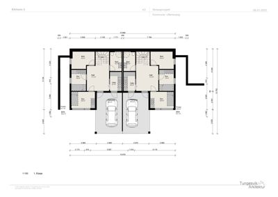 Etasjeplan (1. etasje) for et skisseprosjekt i Eitheim 3, som viser romfordeling, mål og parkeringsplasser.