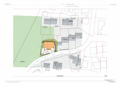 Situasjonsplan som viser bygningens plassering i forhold til nabotomter, vegger og terrengforhold.