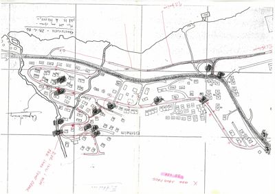 Situasjonsplan som viser en bygd eller tettsted (Eitrheim) med plassering av bygninger, veier, og topografi.