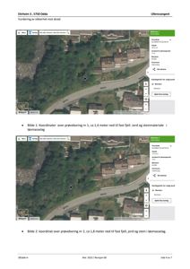 Bildet viser to skjermbilder fra en digital karttjeneste (Google Maps) som viser satellittbilder av tomtene Eitrheim 3 og 2 i Odda, med koordinater og adresseinfo.
