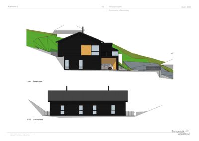 Fasadetegning (opprikk) av en bygning med to utsnitt: 'Fasade Vest' og 'Fasade Nord'.