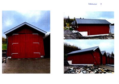 Fotografier av en rød bygning (både front og sideutsikt) med teksten 'VEOLEG 1' øverst.