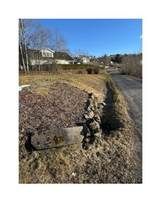 Fotografi av en tomt med en sti, en steinmur og nabolagshus i bakgrunnen.