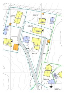 Situasjonsplan som viser eiendelsnummer, bygningers plassering og form på en tomt.
