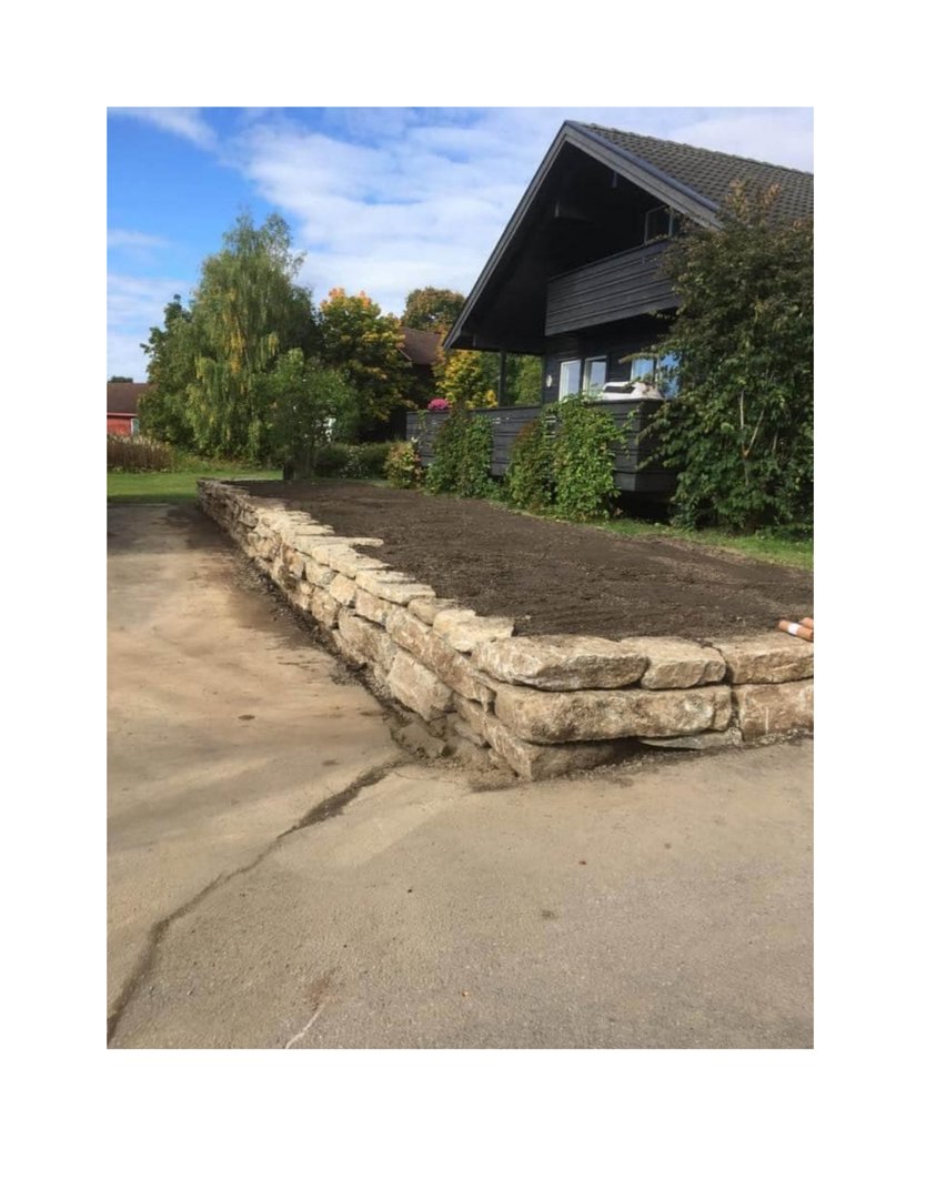 Fotografi av en ferdig eller nesten ferdig murt steinmur foran et hus.