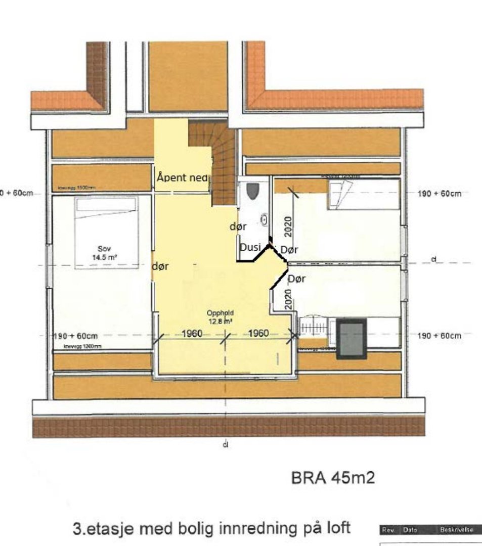 Plantegning av 3. etasje med boliginnredning på loft, inkludert romfordeling, dører, dusj og mål.