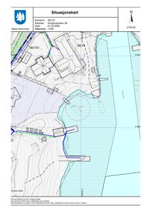 Situasjonskart som viser eiendomsnummer, adresse, nabolagsgrenser og bygningsplassering.