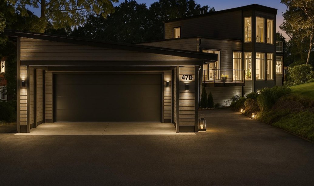 En 3D-visualisering (rendering) av en moderne villa sett fra foran ved kveldstid. Bildet viser fasaden, garasjen, opplysningene og omgivelsene.