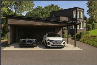 3D-visualisering av en moderne bolig med garasje og bildekkende takkonstruksjon.