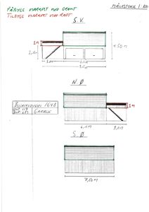 Håndtegnet fasadeoppvisning (fra tre vinkler: S.V., N.Ø., S.Ø.) med mål og notasjoner for en garasje.