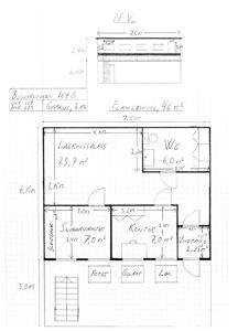 Etasjeplan (plantegning) som viser romfordeling, mål og areal for en garasje eller lagerbygning.