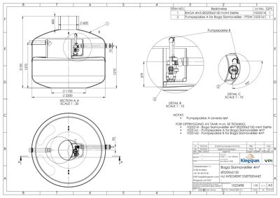 Tegning som viser snitt (SECTION A-A) og detaljer (DETAIL B, C) av en slamavskiller med dimensjoner og komponenter.