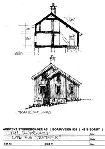 Tegning som viser fasadeopprikk av et lite hus sett fra nord, med mål og arkitektinformasjon.