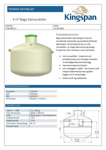 Teknisk datablad med produktbeskrivelse, spesifikasjoner og en teknisk tegning (snitt) av en slamavskiller.