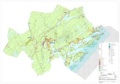 Kart over et geografisk område (Tvedestrand) med topografi, vann og bygningsplasseringer