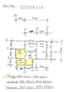 Håndskrevet etasjeplan (1. etasje) for en bolig i Vestervik, med romfordeling, mål og arealoppsummering.