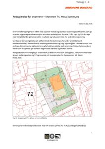 Situasjonsplan som viser eiendommen til Moren 74 med overlappende arealdata (bebyggelse, permeable flater, gressareal) og nabotomter.