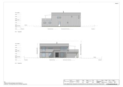 Fasadetegning som viser bygningens utseende fra to vinkler (Din og Vest) med høydeangivelser.