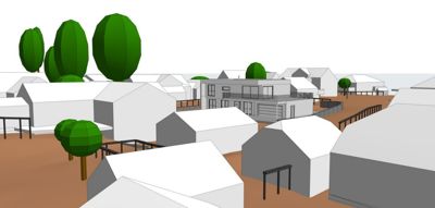 3D-visualisering av et boligområde med fokus på en sentral bygning, inkludert omgivende tomteforhold og beplantning.