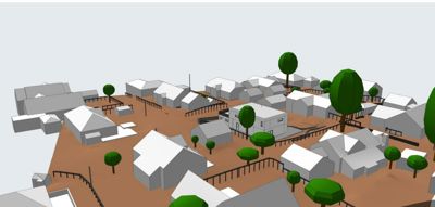 3D-visualisering av et boligområde med hus, trær og gater sett fra en vinkel.