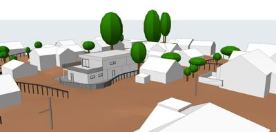 3D-visualisering av en nybygd bolig i et nabolag med omgivende hus, trær og terreng.