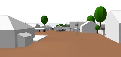 3D-visualisering av et boligområde med hus, trær og gater.