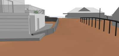 3D-visualisering (rendering) av en bygning sett fra utsiden, som viser fasade, terrassering og omgivende terreng.