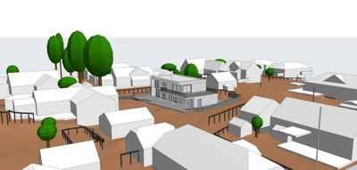 3D-visualisering av en bygning i et nabolag med omgivende hus og trær.