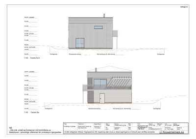 Fasadetegning som viser bygningens utseende fra nord og sør, inkludert høydeangivelser og terrengforhold.