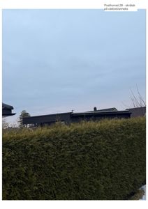 Fotografi av en mørk, moderne bygning (utebod/annex) sett over en hagehedge.