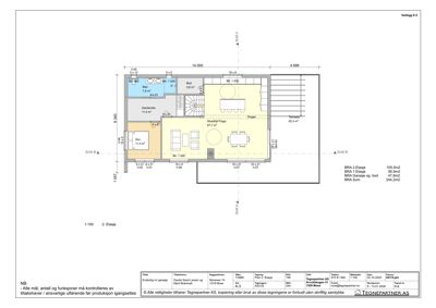 Etasjeplan for 2. etasje som viser romfordeling, arealer og veggposisjoner.