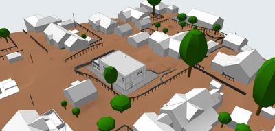 3D-visualisering (rendering) av et byggeområde med flere hus, trær og hekker sett fra en høy vinkel.