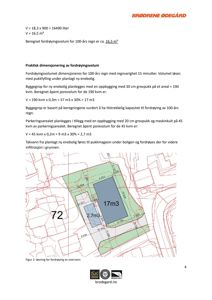Situasjonsplan som viser tomtens form, grenser, og plassering av bygninger (17m³ og 2,7m³) samt regnvannshåndtering (grønne områder).