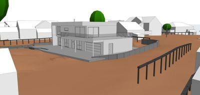 3D-visualisering av en planlagt bolig med omgivende tomteforhold, nabolag og vegger.