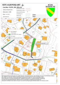 Situasjonskart som viser eiendomsgrenser, naboeiendommer, vei og reguleringsstatus for Gamleveien 92/291.