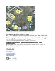 Satellittbilde (flyfoto) av eiendom med overlagte arealdata og tekstmessig informasjon om matrikkel, areal og VA-tilknytning.