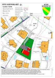 Situasjonskart som viser eiendomsforhold, naboeiendommer og bygningsplassering for Gamleveien 70.