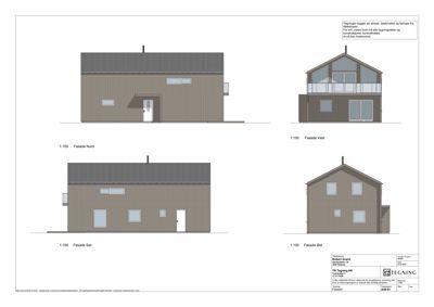 Fasadetegning som viser bygningens utsyn fra fire sider (Nord, Vest, Sør, Øst) med mål 1:100.
