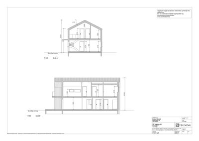 Tegningen viser to snittegninger (Snitt A og Snitt B) av en bygning, med mål og detaljer for innvendig oppdeling.