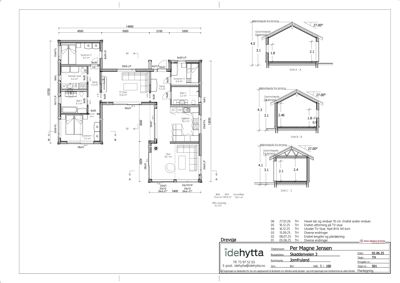 Plantegning som viser romfordeling, dimensjoner og fasadeopprikk for en hytte.