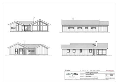 Fasadetegning som viser bygningens utsyn fra fire ulike vinkler (front, side, bak og annen side).