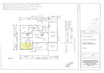 Etasjeplan (plan) for et fritidsboligtilbygg som viser romfordeling, mål og konstruksjonsdetaljer.