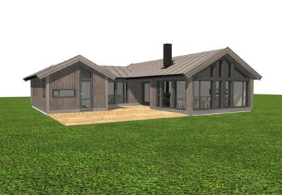 3D-visualisering av en planlagt hytte eller villa sett fra utsiden.